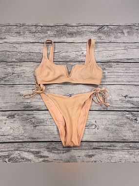 aerie Peach Textured Side Tie Cheekiest Bikini With Scoop Top Size Small